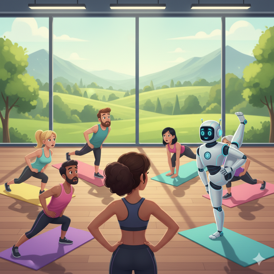 Clients in fitness class alongside AI